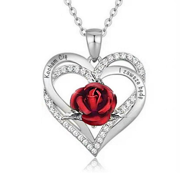 naszyjnik damski podwojne serce - roza - grawer - prezent dla ukochanej kobiety - srebro - kwiat- srebro