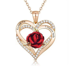 naszyjnik damski podwojne serce - roza - grawer - prezent dla ukochanej kobiety - srebro - kwiat- srebro - biale zloto