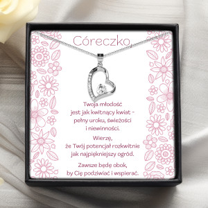 Naszyjnik dla córki prezent od rodziców kwiat dedykacja uczucie srebro cyrkonia bejessa